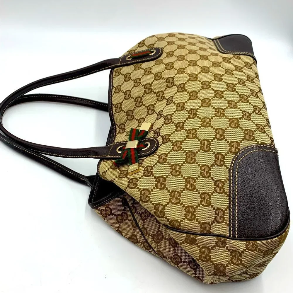 Auth GUCCI GG Monogram Tan Brown Canvas Leather Princey Shoulder 2way Handbag